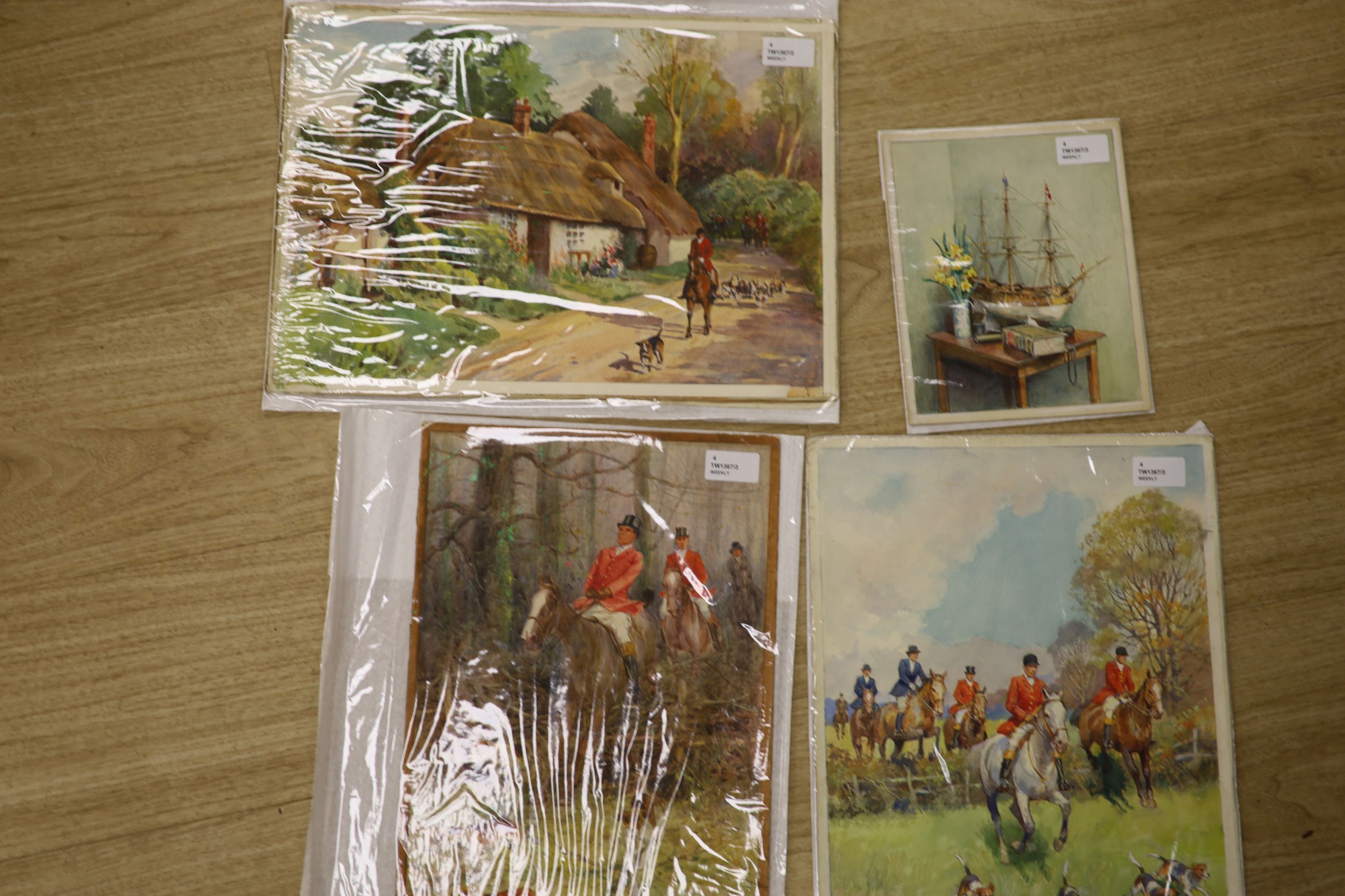 Savile Lumley (20th century), still life of a model ship and another watercolour of huntsmen and hounds and two other hunting scenes